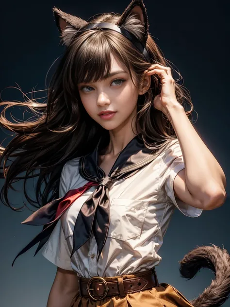 very young slim fit girl, at full height, rounded face, very long disheveled dark brown hair, big brown eyes, shy smile, perfect flat breast, band on head with fake cat ears, parororo, pioneer neckerchief, blue thight microskirt, bangs, shirt, collarbone, ...