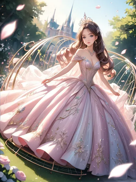 ((Anime Art Style)),(masutepiece),(Best Quality), (Super Detail),((Very delicate and beautiful)),(((Solo))),((Full body portrait)),(((One princess in a gorgeous princess ball gown and a voluminous full-length hoop skirt))),((crinoline)),Long Train,((Stand ...