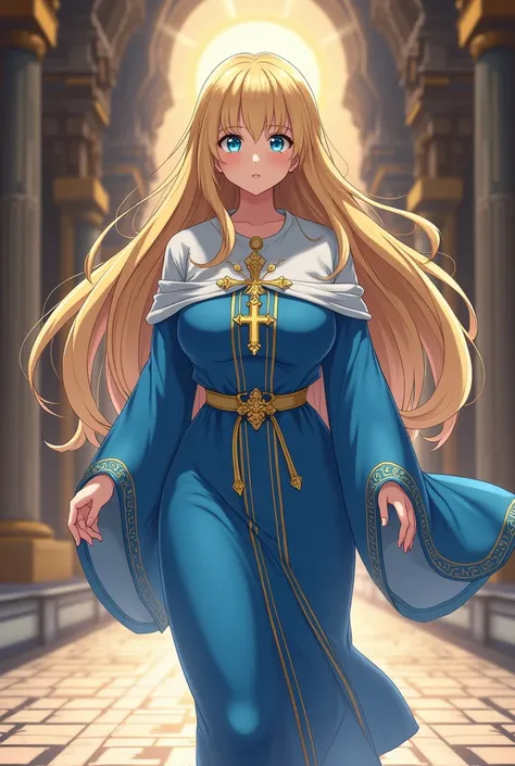 priestess woman,  blond hair,  Blue Eyes, Full body chubby girl ,  blue dress with white ornaments and gold crosses in the center and on the sleeves,  walking through the temple . anime style image 