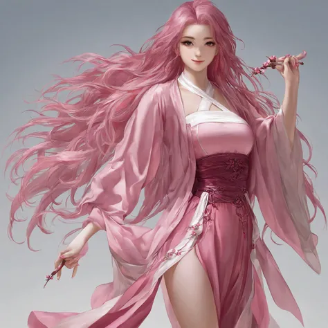 pink hair ,pink hanfu, medium breasts, very long hair, smile, masterpiece, best quality, realistic, 8k, official art, cinematic light, ultra high res, perfect female body, sharp focus, guofeng, 1girl, solo, chinese clothes, realistic, nail polish, simple_b...