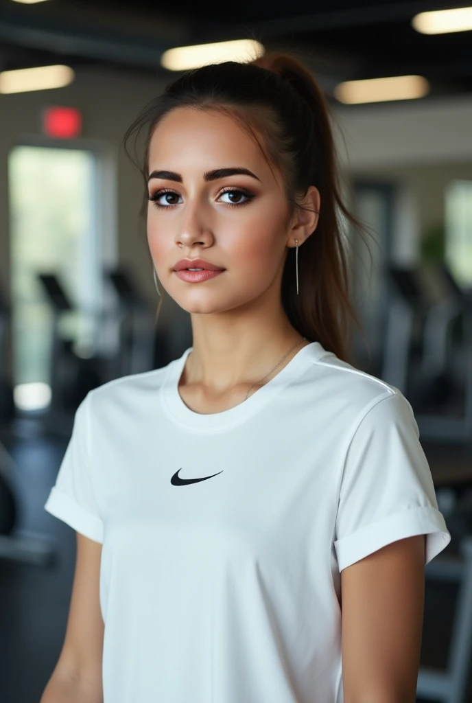 Wearing a white Nike top, in a gym, with a brushed back hairstyle, ultra-high resolutions, 32K UHD, best quality, masterpiece