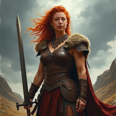 portrait of Alex Kingston as barbarian tribal Queen Boudicca holding a sword