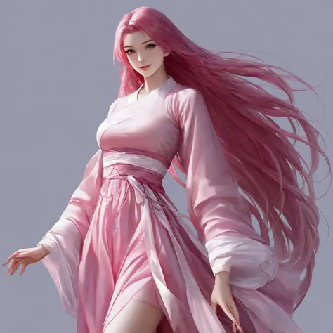 pink hair ,pink hanfu, medium breasts, very long hair, smile, masterpiece, best quality, realistic, 8k, official art, cinematic light, ultra high res, perfect female body, sharp focus, guofeng, 1girl, solo, chinese clothes, realistic, nail polish, simple_b...