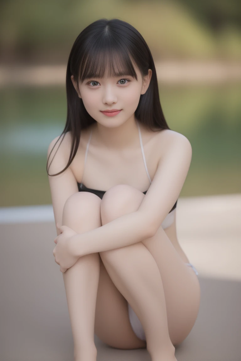  1 girl ,  high definition , masterpiece、 smiles,  shortcuts,  black hair,  looks at you, 、 sitting with legs open 、Big eyes and droopy eyes、round face、Full body portrait、bikini


