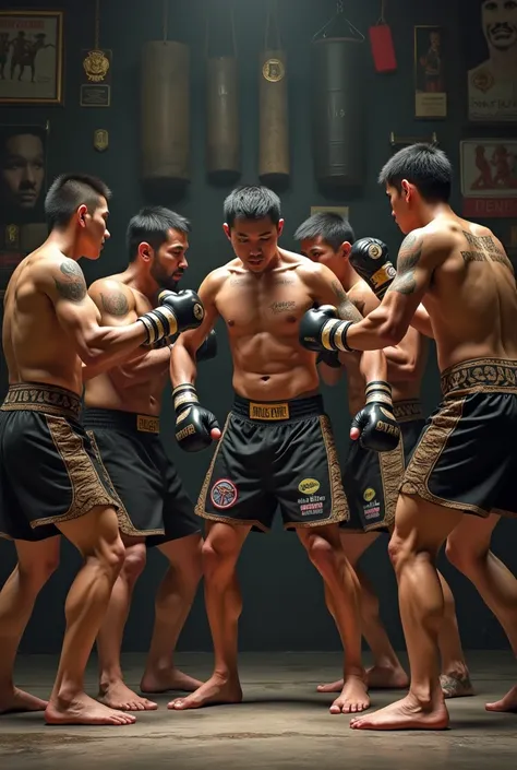 5 Muay Thai ,  fighters with black prajied on their arms,  at a Muay Thai gym 