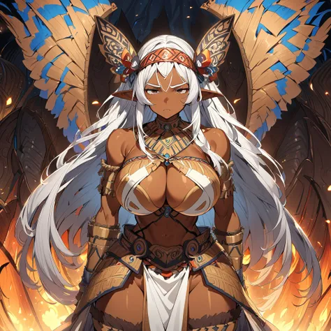 Anime, high detailed, 1 woman, fairy woman, elf ears, extremely long alburn hair, tanned skin, curvy body, big Breasts, tribal armor, tribal warrior armor, ornamented headband, skirt, narrowed eyes, serious, butterflys wings, 