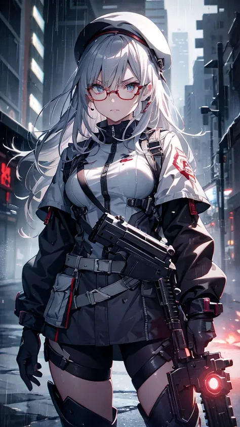 Silver Haired Girl,((Yuki Izumi))(( Big Breasts :0.6)), red glasses, face down ,Sighting gun, Tactical Boots ,Futuristic gun,Rain environment, high image quality,8k, super detailed, surreal(()),  Masterpiece  , cinematic lights, Dramatic Lighting ,Dramatic...