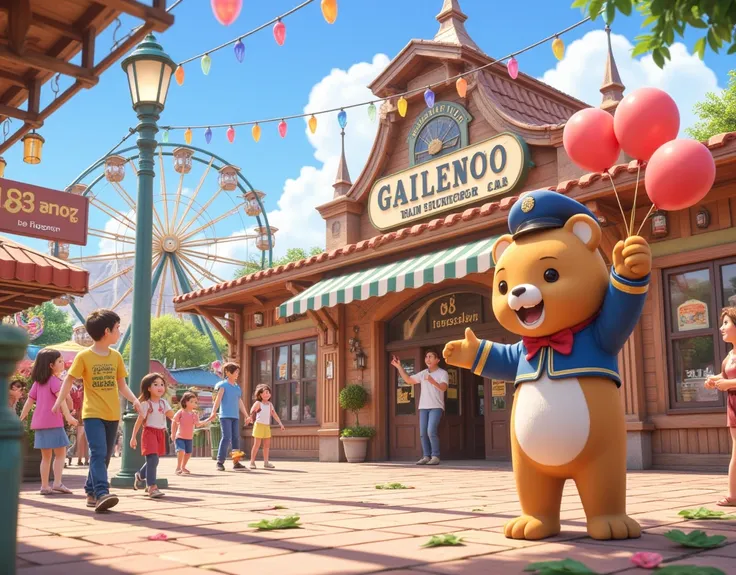 ((  Masterpiece  :1.2,  super detailed,  High Quality , 最 High Quality ,   high res icon,  best illustrations)), Station with a cute design ,  Scenery in front of the station  ,  see the entrance to the station , fun, fun雰囲気, ferris wheel, Balloons dance  ...