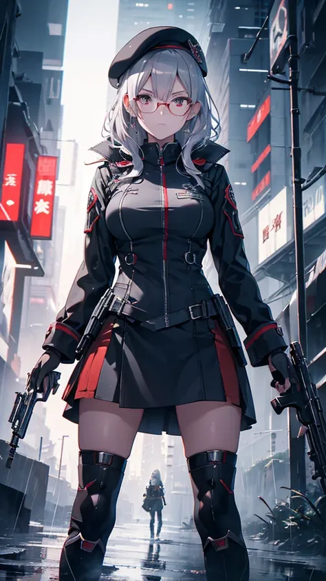 Silver Haired Girl,((Yuki Izumi))(( Big Breasts :0.6)), red glasses, face down ,Sighting gun, Tactical Boots ,Futuristic gun,Rain environment, high image quality,8k, super detailed, surreal(()),  Masterpiece  , cinematic lights, Dramatic Lighting ,Dramatic...