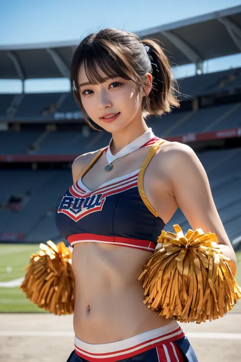 ((top-quality、8K、photographrealistic:1.4、​masterpiece))、Back lighting、a beautiful woman with perfect figure: 1.4, dark brown hair, high ponytail, wearing a pendant、18year old、(((Bull Cheerleader:1.2)))、((Stadium Background:1.2))、super-detaild skin、beautifu...