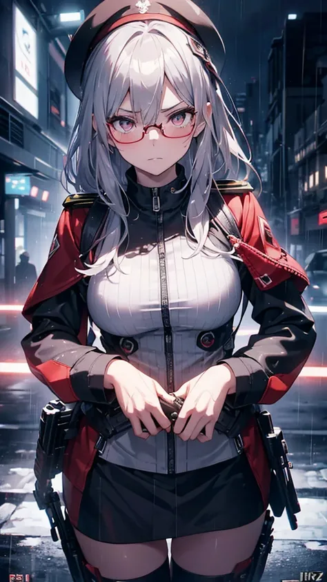 Silver Haired Girl,((Yuki Izumi))(( Big Breasts :0.6)), red glasses, face down ,Sighting gun, Tactical Boots ,Futuristic gun,Rain environment, high image quality,8k, super detailed, surreal(()),  Masterpiece  , cinematic lights, Dramatic Lighting ,Dramatic...