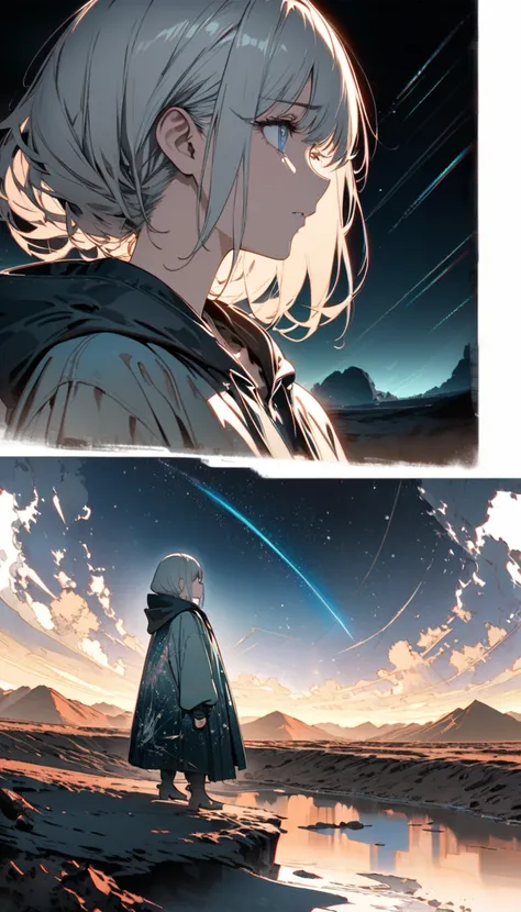 The footprints of her steps remain vivid, A silver-haired woman wearing a hood calmly warms up with a bonfire, Highlight the profile of looking up at the sky with loneliness, The scene is depicted in a watercolor style with soft muted colors, evoking a nos...