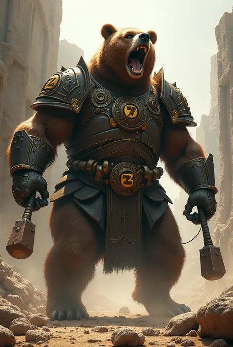 Legendary ancient giant bear, armored, roaring, with ZeZ logo
Carrying weapons