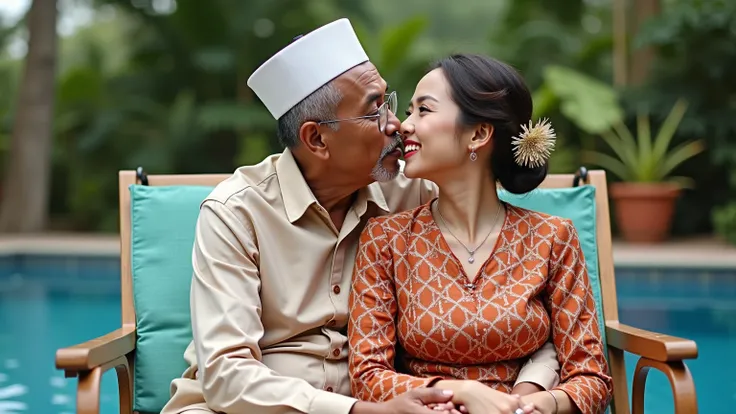  A pair of handbags sitting on a swimming chair, with traditional East Java clothing , using Sarung and Peci ,face sparkle,  the age of the man is over 60 and the woman is new 18th,  the groom in a position to hug a woman , and kissing her lips 