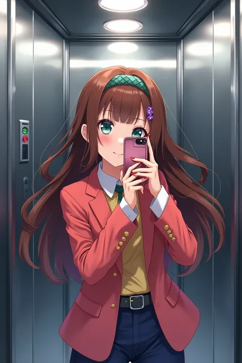 girl with brown hair in Gyaru fashion taking a picture of herself in the elevator mirror in realistic anime art style 