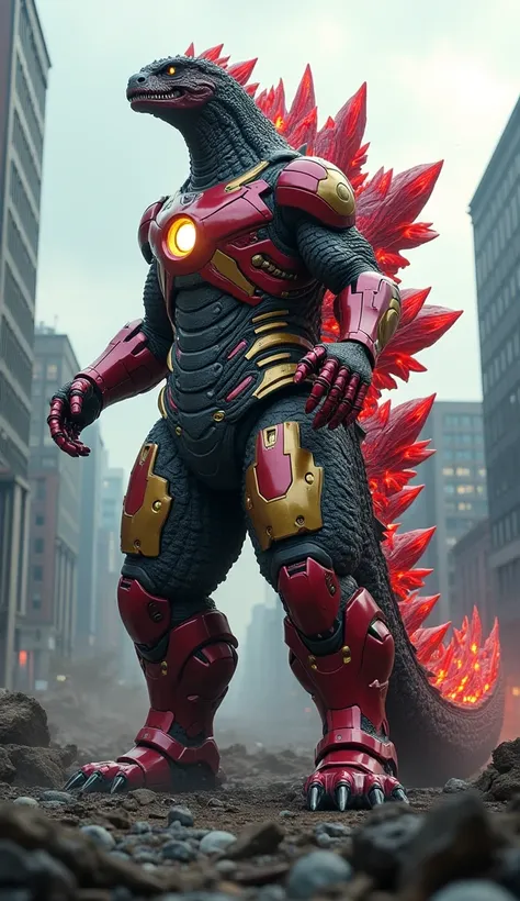 "A powerful hybrid fusion of Godzilla and Iron Man, where Godzillas massive, reptilian body is enhanced with Iron Man’s advanced armor. The fusion features Godzilla’s scaly texture, with sleek metallic red and gold armor plates fused into the body, along w...