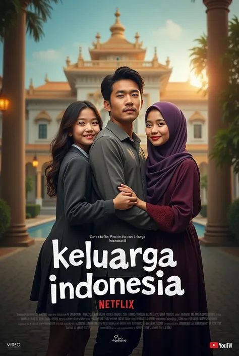 Make a realistic movie poster display three characters with faces facing the camera. In a lovely family love. Above the read "Coming Soon" and "September 20, 2024". The main character of an origin minang-kabau charming handsome man, neat black short hair. ...