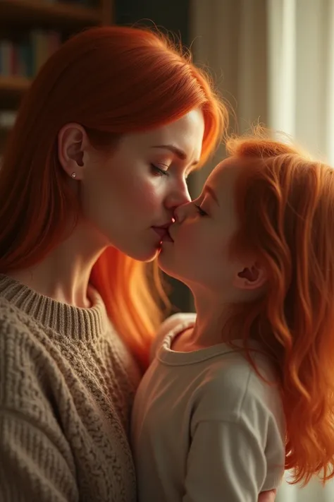  30 years old beautiful redheaded mother gives her beautiful redheaded daughter a kiss on the lips, Intimate love , (messy face) 