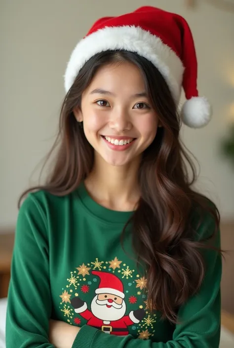 Cute pretty girl wearing thLive shirt wearing Christmas hat