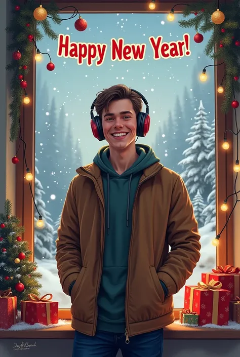 Create a New Year card for a young man . The card shows a young man ,  he is standing in Yekaterinburg listening to music with headphones, drops and smiling, His face is not visible.  There is a Christmas atmosphere around it :  garlands of lights , snowfl...