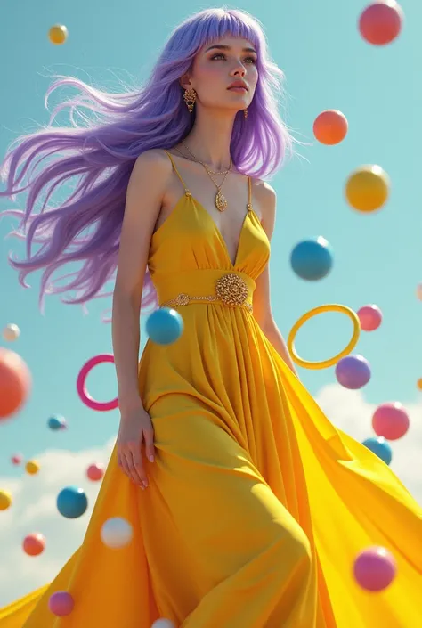  A woman in a long yellow dress ,  half futuristic ,  with some hula rings on its trunk ,  some colored balls in the colors blue ,  purple pink and yellow must be scattered all over her clothes, The hair must be purple and smooth ,  with some golden detail...