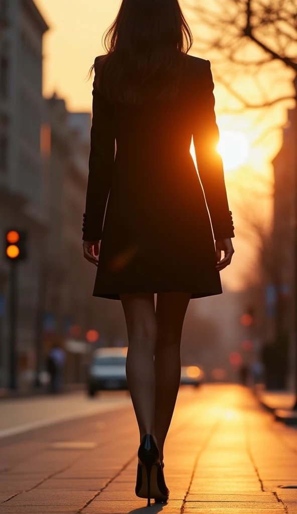  extreme close-up of an elegant executive woman , dark brown hair , trusting,  arrogant ,  Beautiful and elegant ,  with beautiful legs ,  walking down the street with tights and classic black high-heeled shoes, named Sharonah Volmariota ,  high resolution...