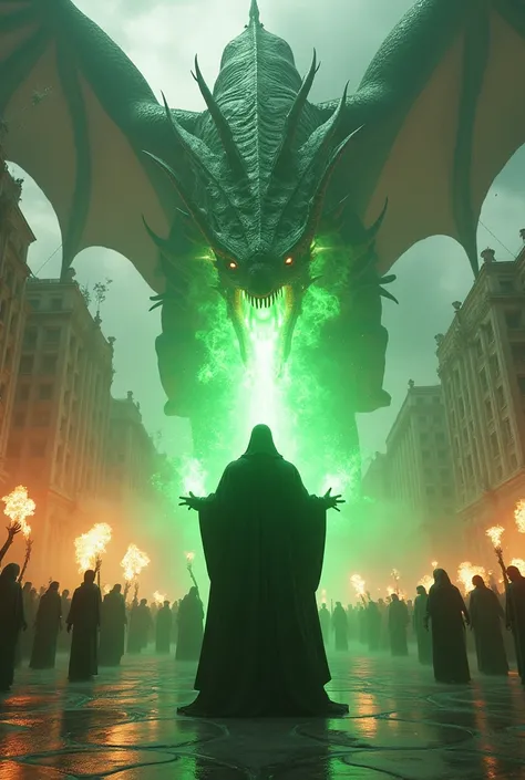 In a large square, a guy is using a green spell to lift people up, and there is a dragon spewing fire