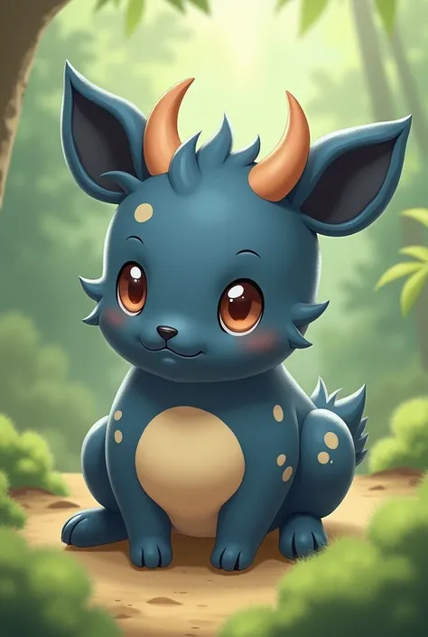 Baby Pokémon based on a navy blue pudú, Horned and chubby , with beige spots on the ears and belly