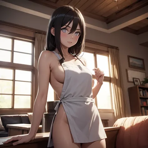 1girl, Solo, Masterpiece, High Resolution, Best Quality, Super Detailed, Anatomically Correct, Textured Skin, Bangs, Living Room, Naked Apron, 