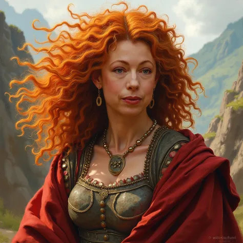 portrait of Alex Kingston as barbarian tribal Queen Boudicca, curly orange hair,