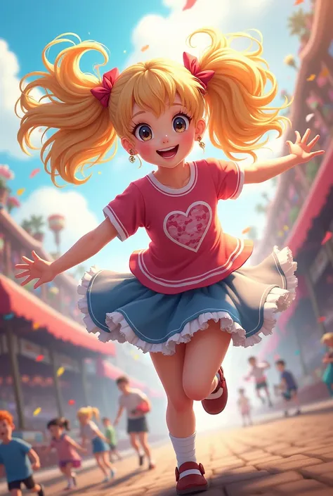 popping star 　 bouncing girl 1 girl,  long hair,  smiles,  twin tails,  high definition , Blonde,  smiles, 