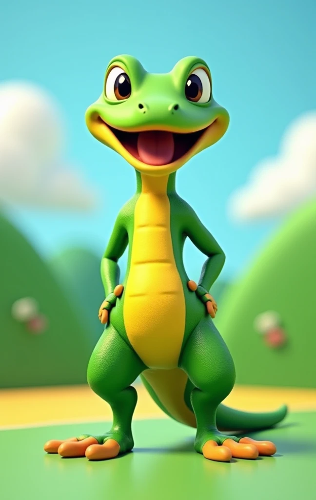 
A full-body 3D model of Gex, the anthropomorphic gecko from the PS1 game series, reimagined with the vibrant and whimsical art style of Super Mario Wii. Gex has bright green skin with yellow accents on his belly, large expressive eyes, and a mischievous s...