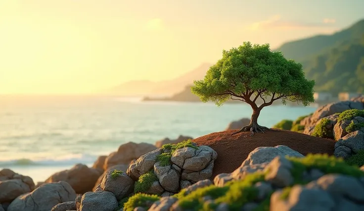 A small, vibrant green tree stands on a bed of rich brown soil, nestled on a rocky outcrop by the ocean. The tree is centered in the image, with its leafy canopy filling the mid-ground. The tree is in a calm, upright position. The colors are muted, with wa...