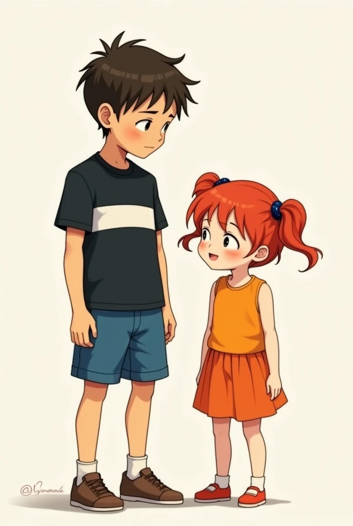 Sad little cute boy in blue shorts, black t-shirt with white stripes, brown shoes and girl with two pigtails, red hair, orange sleeveless t-shirt, orange skirt, shoes, art