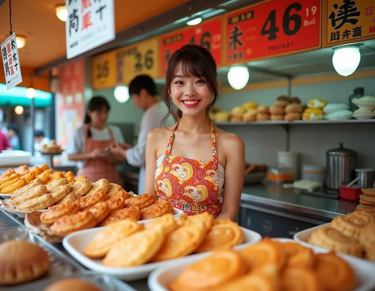  Photo of a 25-year-old Japanese female idol with a big smile ,  wearing a tube top and a taiyaki stand apron . She works at a taiyaki stand in Japan .  The background contains various taiyaki and signs along with the price.  The overall picture radiates h...