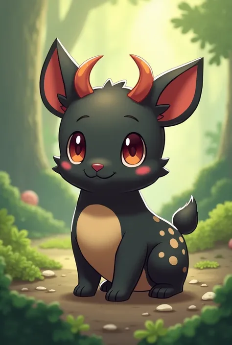 Baby Pokémon based on a dark-colored pudú with horns and a chubby one, with beige spots on the ears and belly