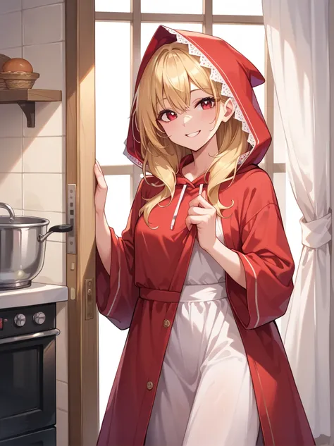 masterpiece, best quality, 1:1  ,Blonde  hair,red eyes,red Hood , in front of the door in the kitchen 、Background partitioned with white curtains,smile face,A lovely face with a hint of innocence、Beautiful girl anime style、Detailed Description、High resolut...