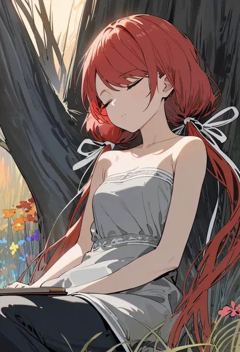 (masterpiece, best quality), 1 stoic sleeping girl, solo, leaning against willow tree, book on lap, beautiful face,  ((closed eyes, red hair, swept bangs, low twin tails)), hair ribbons, white ribbon, ((strapless gray shirt, sleeveless with with white trim...