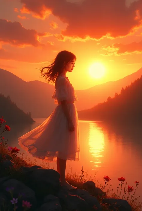 the setting sun，  Artistic concept，one girls