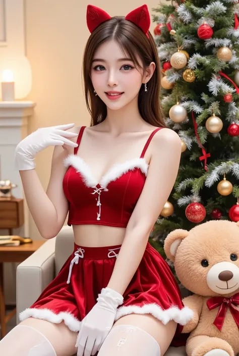 photograph.,realistic,good lighting,professional Photography,masterpiece,good hand,good finger,good nail,A stunning beautiful young woman pale skin beauty pose sitting wearing a red velvet Christmas costume. The costume consists of a cropped sweetheart nec...