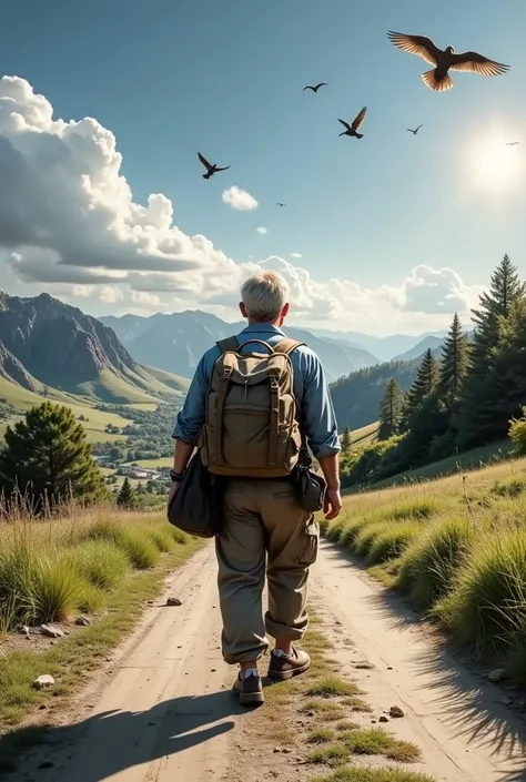 A traveler who goes down the road alone 、リュックを背負い荷物を持って、 carrying luggage while watching the birds in the sky 、One Fine Day、