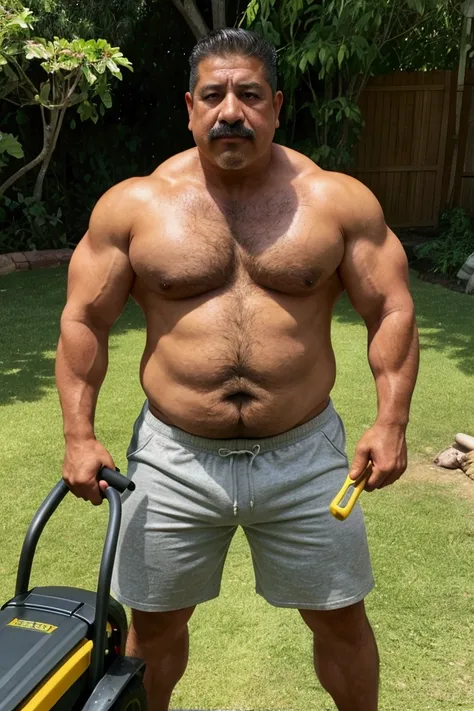 a shirtless middle-aged mexican man, hairy chest, chubby dad bod, mowing the lawn with a lawn mower, wearing gym shorts with short inseam and sandles, buzz cut, sweaty, wiping sweat off brow, facial hair, strong biceps, backside, big butt