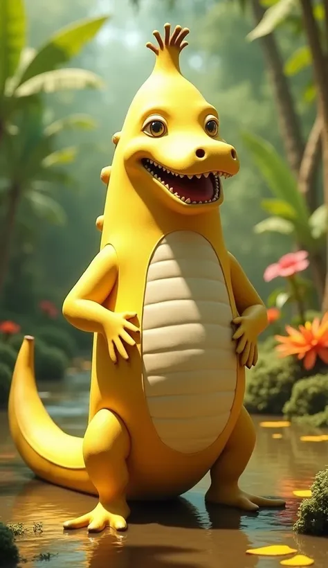  An adorable hybrid of a crocodile and a banana ,  with a plump and ,  covered by a smooth yellow skin ,  similar to the peel of a banana . Your jaws,  although slightly pointed ,  are rounded and less scary ,  with small and harmless teeth .  Its short le...