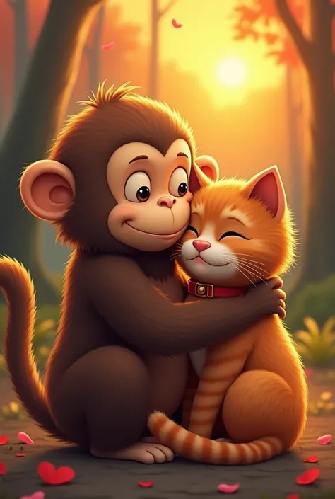  I want you to make a brown monkey and an orange cat giving each other a hug where the monkeys arm surrounds the cat and vice versa, both the body of the cat and the monkey should not be seen from the side ,  the face of both animals should be in the front...