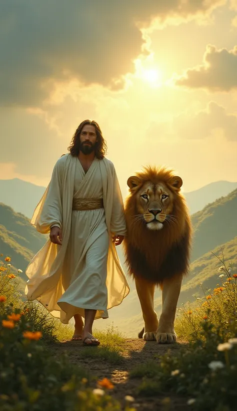 Jesus walking with a lion. 