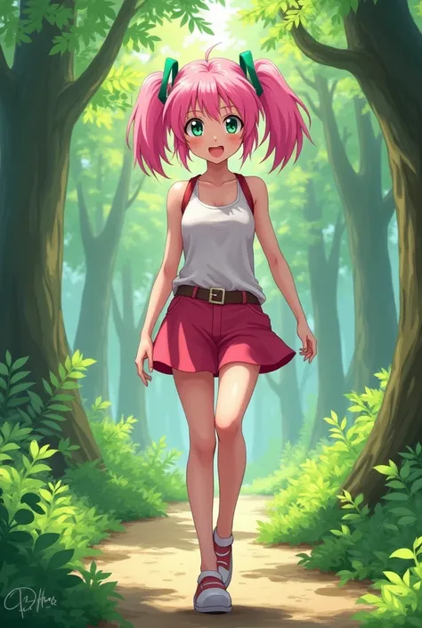  Amy Rose anime style ,, in her teenage version ,  walking in a forest during the day, Very cheerful ,,That you focus closely on your face and body 