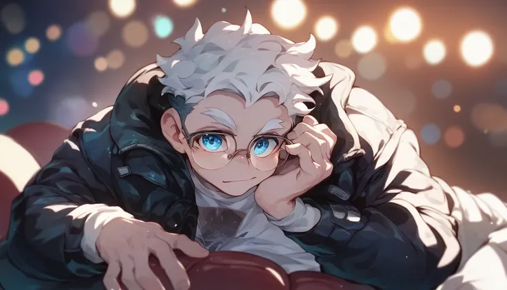 A young boy in black jacket over white tshirt white hairs white eyebrow blue eyes rounded glasses on eyes seated on sofa before skyscraper window city night background Bokeh lights skyscrapers in background 