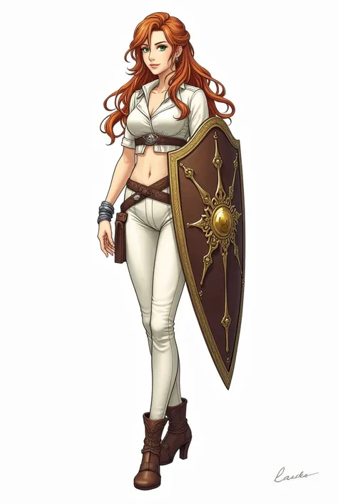 رسم توضيحي، final fantasy xvi art style,  drew a line drawing on a white background ,  Liana is a strong and attractive leader with a remarkable presence, with long and soft chestnut hair hanging on her back, decorated with a side plait with gold threads. ...