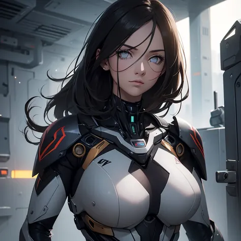 masterpiece, best quality, ultra realistic, hyper-detailed, 8k resolution, RAW photo, sharp focus, (1girl), solo, gorgeous face, perfect body, mature female, 25yo,  portrait, mecha, nanosuit, sexy, messy hair, cinematic, cinematic light, dark theme