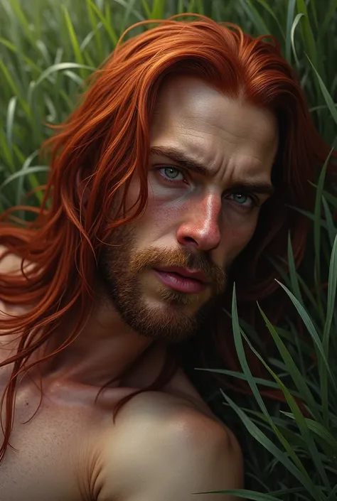 Caucasian man, thin beak, red pupils,  long red hair,  serious expression , thrown on the grass , muscular body , realism.  long hair ,  From the Side , Alone,  High resolution, wounded, blood, Vena de la ira, Molesto, Detalle, looking down, Labios partido...